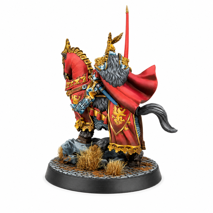 Warcrow Pierre Besson Grand Magister Feudom, chevalier monté avec lance et armure rouge dorée