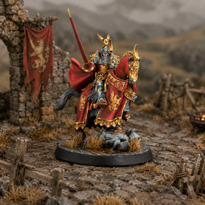 Warcrow Pierre Besson Grand Magister Feudom, chevalier monté avec lance et armure rouge dorée