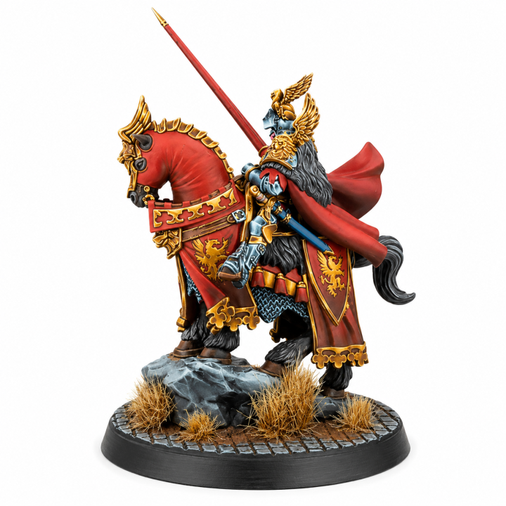 Warcrow Pierre Besson Grand Magister Feudom, chevalier monté avec lance et armure rouge dorée