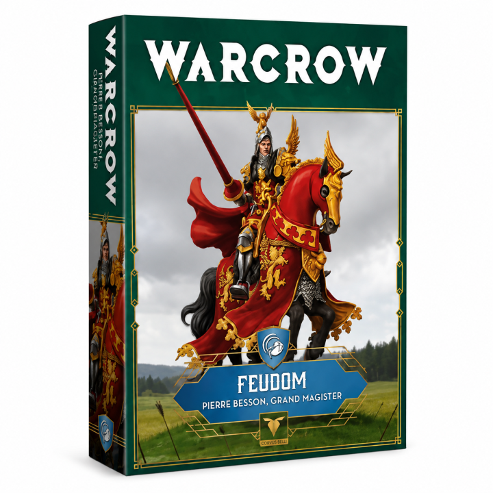 Warcrow Pierre Besson Grand Magister Feudom, chevalier monté avec lance et armure rouge dorée