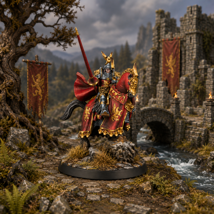 Warcrow Pierre Besson Grand Magister Feudom, chevalier monté avec lance et armure rouge dorée