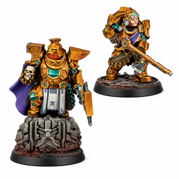 Warcrow Mounthaven Officers VF EN, deux figurines d’officiers en armure dorée pour jeu de figurines