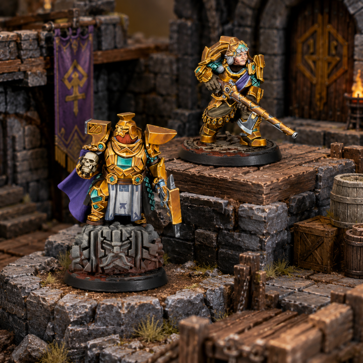 Warcrow Mounthaven Officers VF EN, deux figurines d’officiers en armure dorée pour jeu de figurines