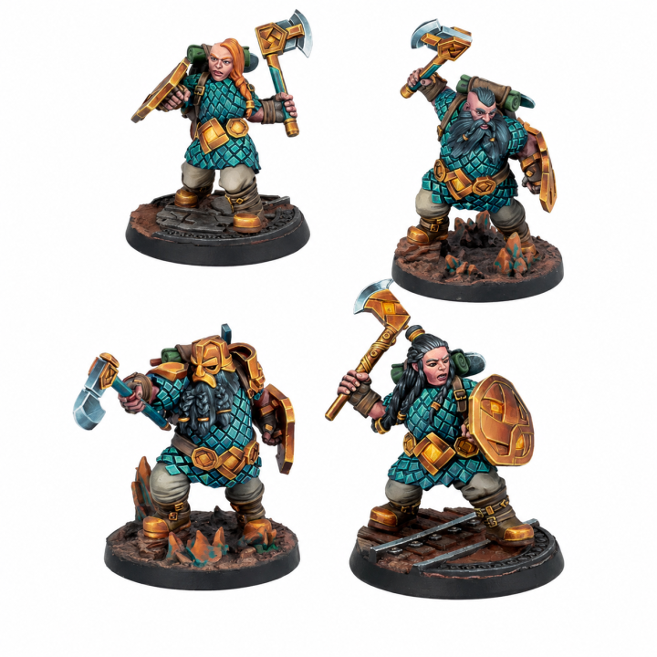 Boîte et figurines Warcrow Mounthaven Militia VF et EN – unité naine de Mounthaven